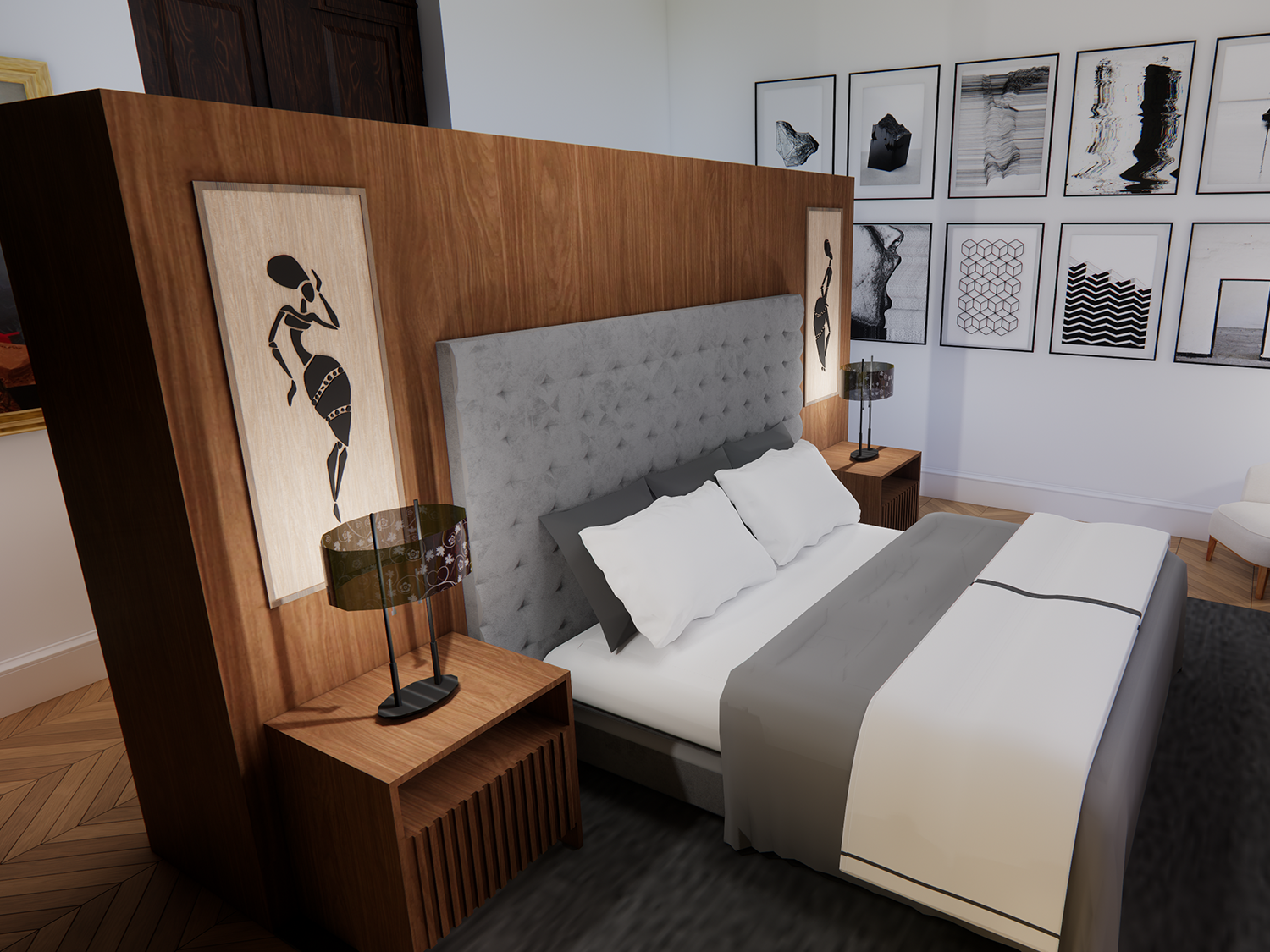 Slaapkamer met geïntegreerde dressingwand in historisch kasteel