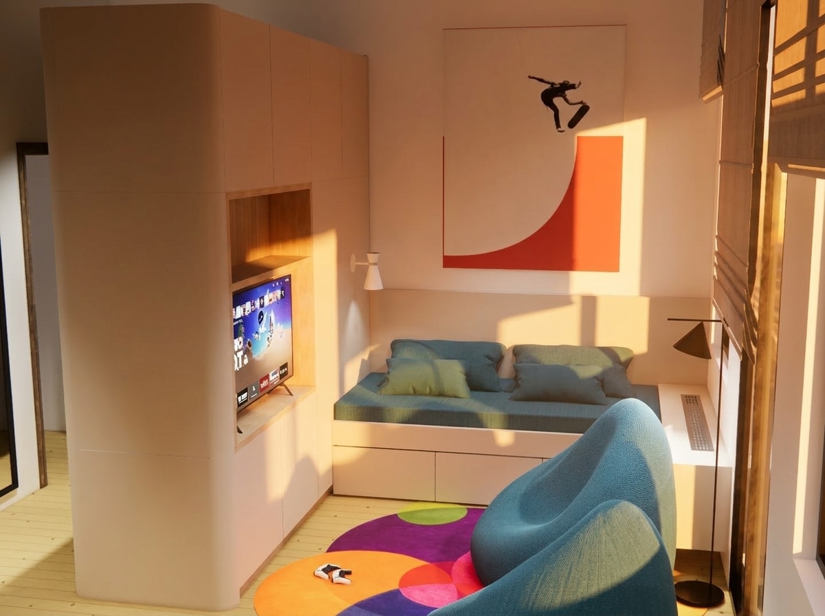 Multifunctionele kamer voor slapen, werken en ontspannen